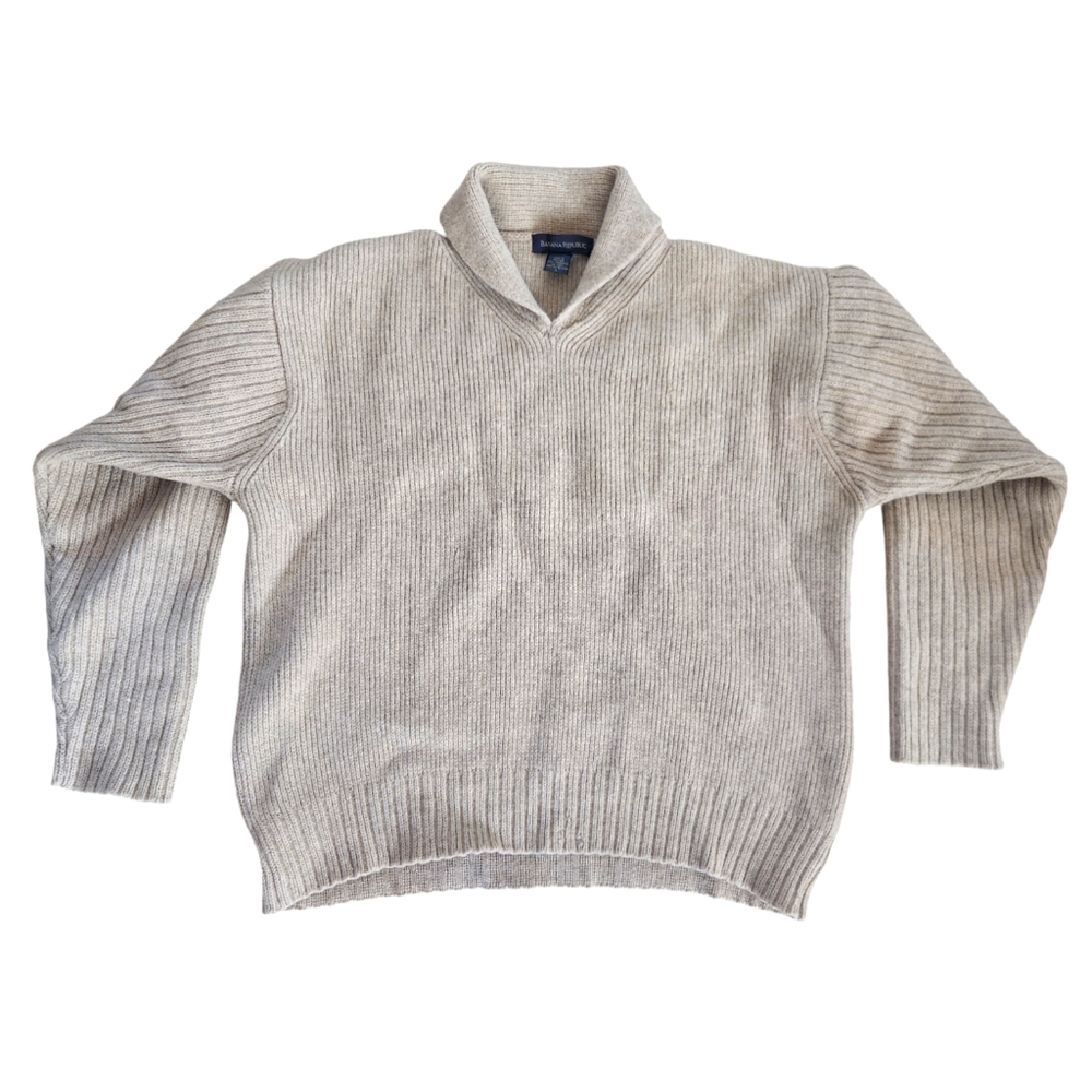 Banana Republic Mens Sweater 100% Lambswool Rib Knit Shawl Collar Beige Large